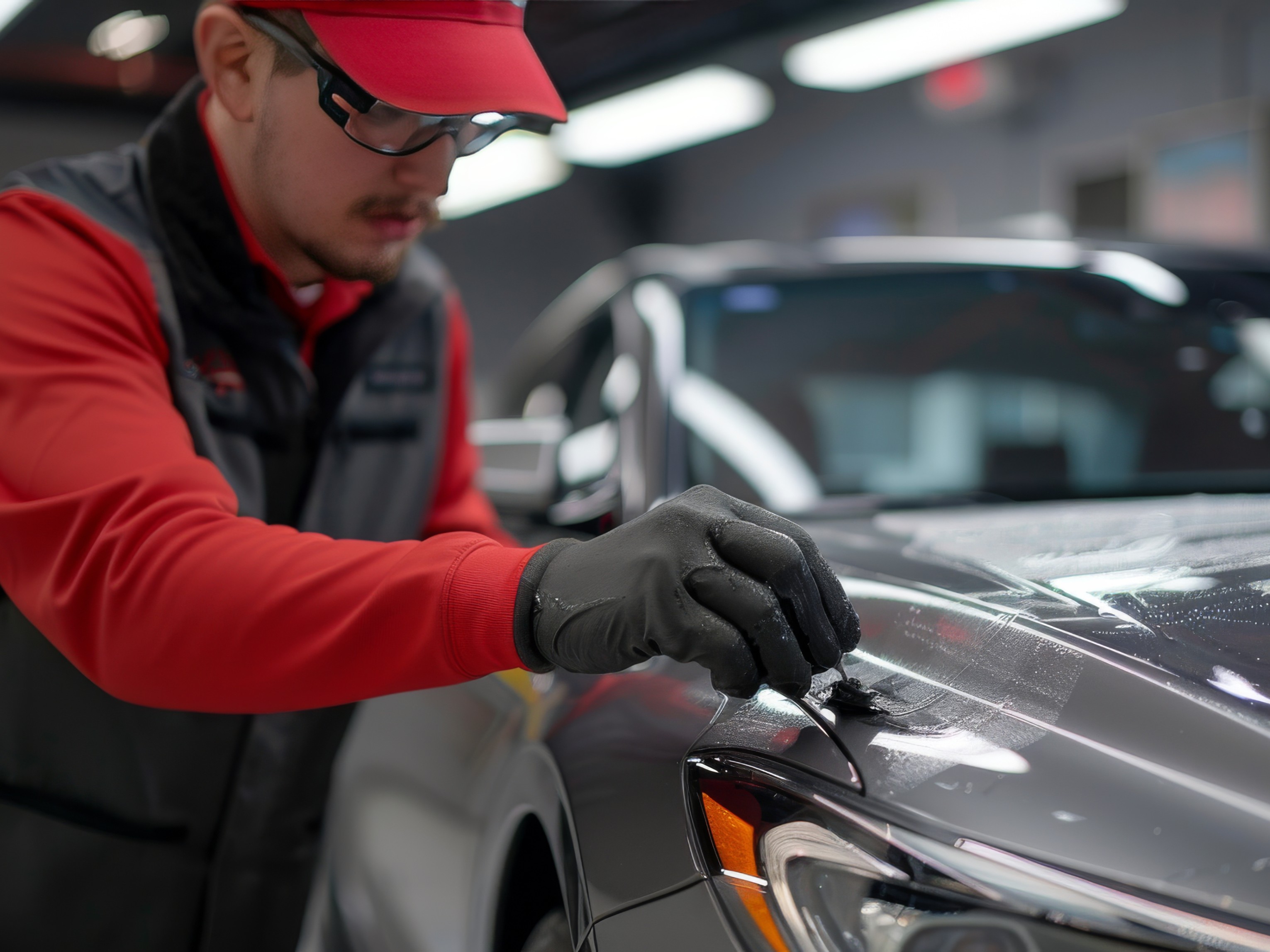 Technician applying paint protection film to a car