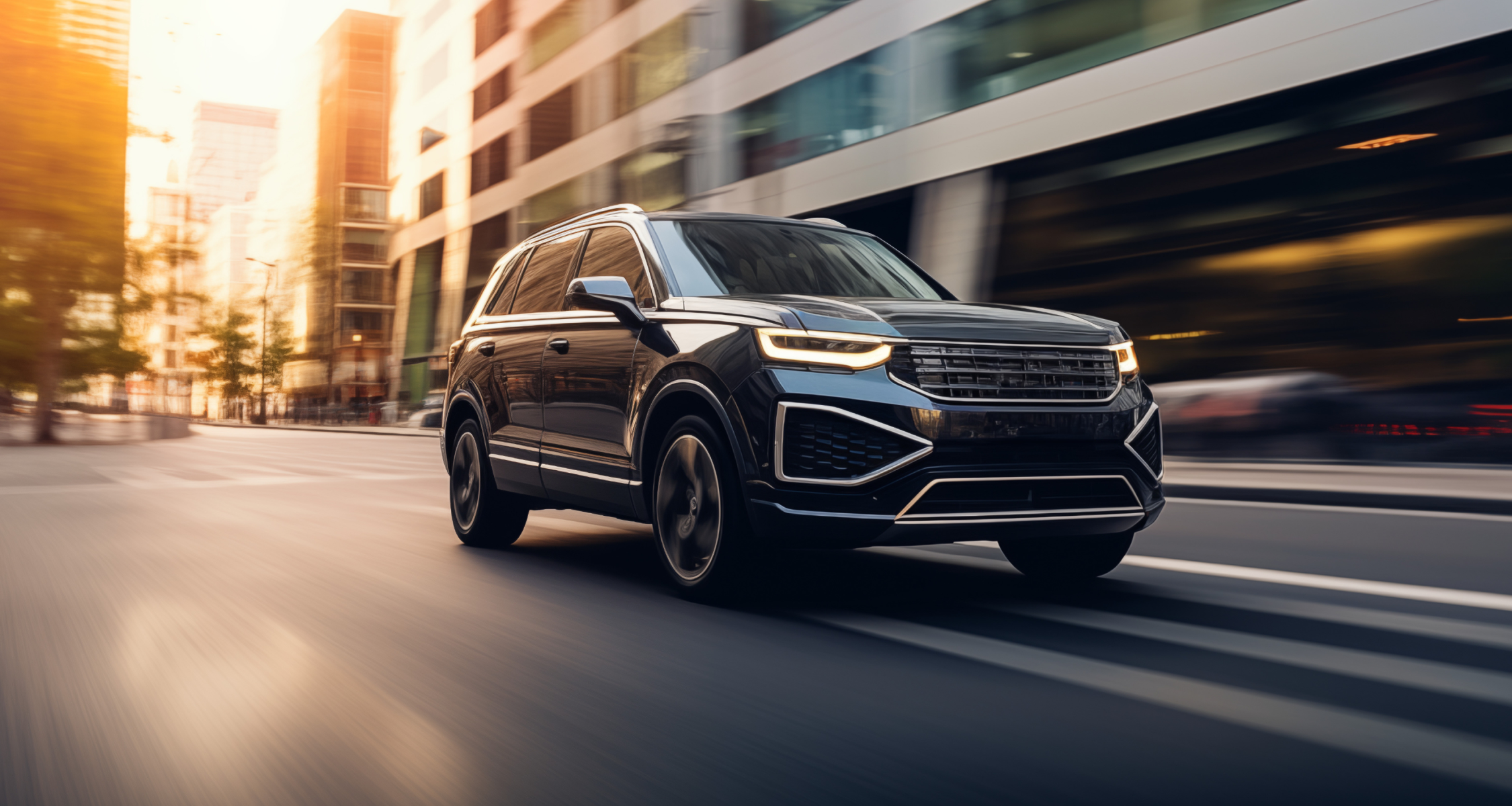 Black SUV driving through sunlit city street